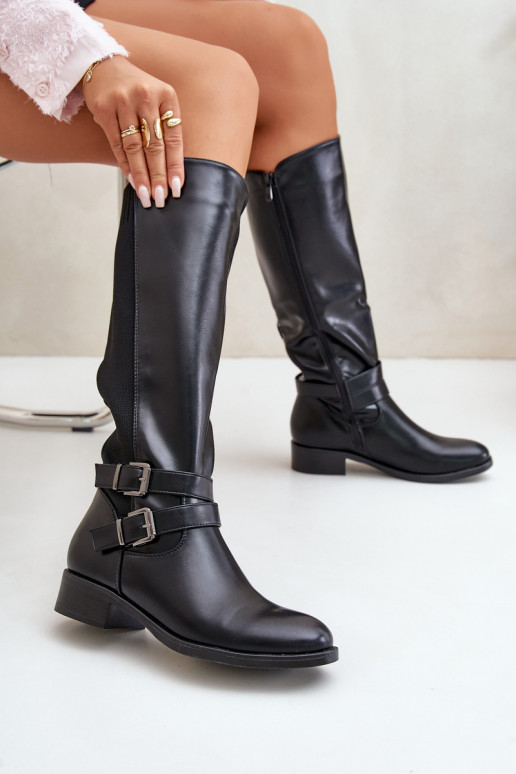 botas de mujer Contra el camino con tacones anchos con hebillas de color negro Lotina botas de mujer Contra el camino con tacones anchos con hebillas de color negro Lotina