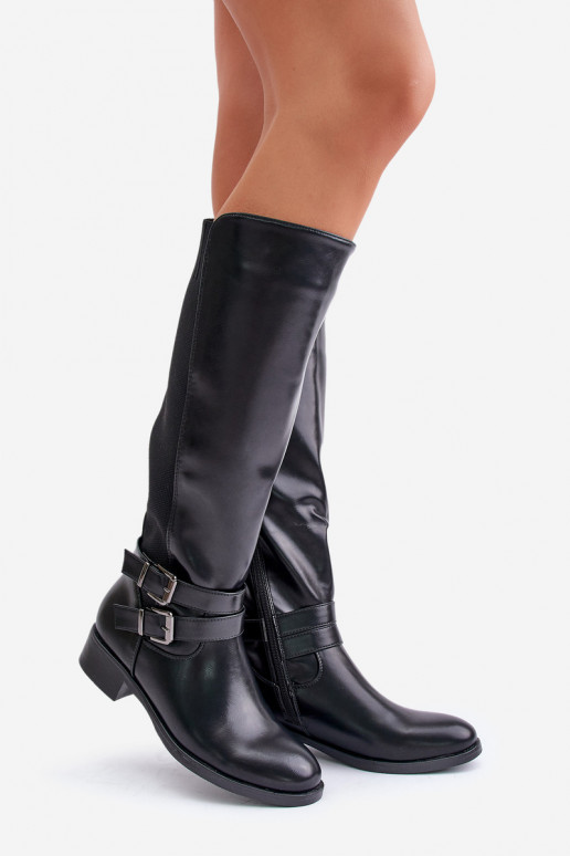 botas de mujer Contra el camino con tacones anchos con hebillas de color negro Lotina botas de mujer Contra el camino con tacones anchos con hebillas de color negro Lotina