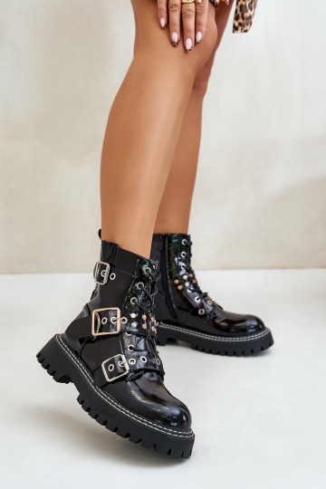 con efecto barniz botines de trabajo con hebillas de color negro Serizia