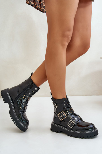 con efecto barniz botines de trabajo con hebillas de color negro Serizia 2
