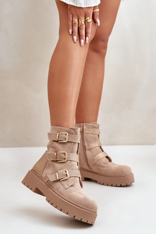 calentamiento Botas de mujer con hebillas beige Tiaeliana calentamiento Botas de mujer con hebillas beige Tiaeliana