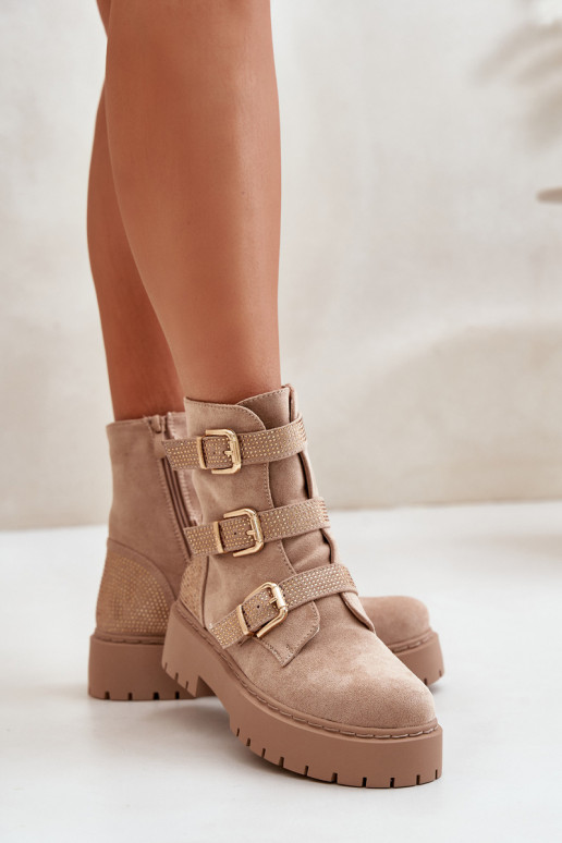 calentamiento Botas de mujer con hebillas beige Tiaeliana calentamiento Botas de mujer con hebillas beige Tiaeliana