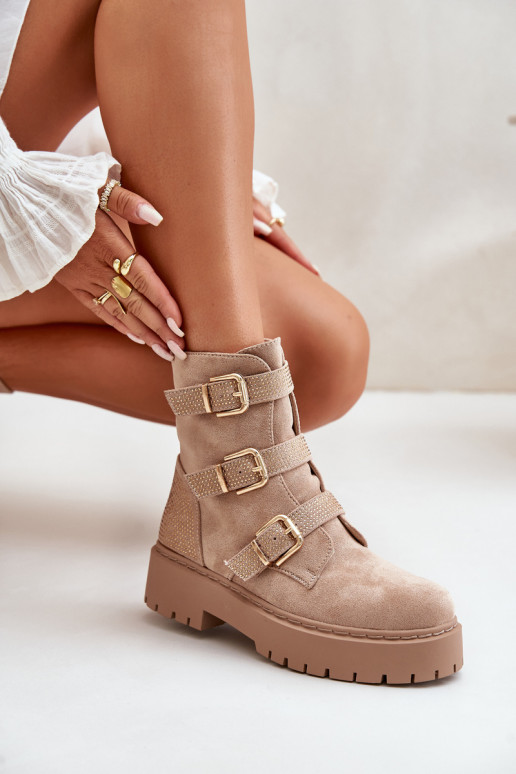 calentamiento Botas de mujer con hebillas beige Tiaeliana calentamiento Botas de mujer con hebillas beige Tiaeliana