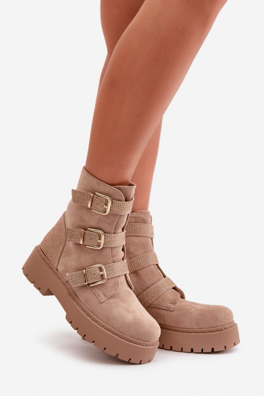 calentamiento Botas de mujer con hebillas beige Tiaeliana calentamiento Botas de mujer con hebillas beige Tiaeliana