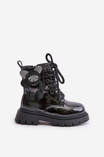 calentamiento Botas Infantil con oso Al castillo con efecto barniz de color negro Relobia 2