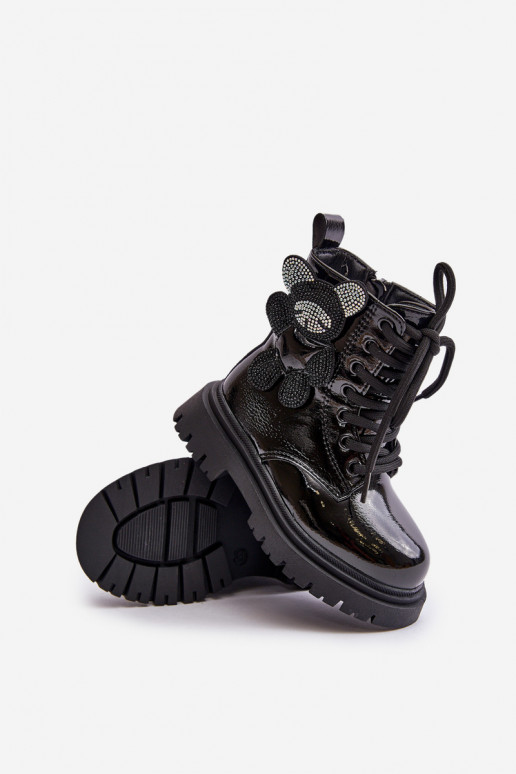 calentamiento Botas Infantil con oso Al castillo con efecto barniz de color negro Relobia