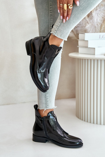 Zapatos de tacón bajo efecto lacado para mujer con tacón ancho calentados color negro S.Barski HY42-120 color negro