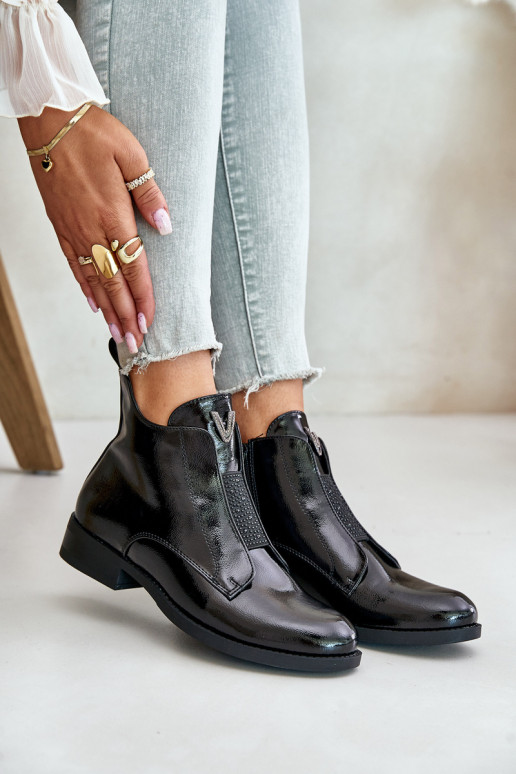 con efecto barniz zapatos de tacón bajo para mujer con tacones anchos calentamiento de color negro S.Barski HY42-120 de color ne