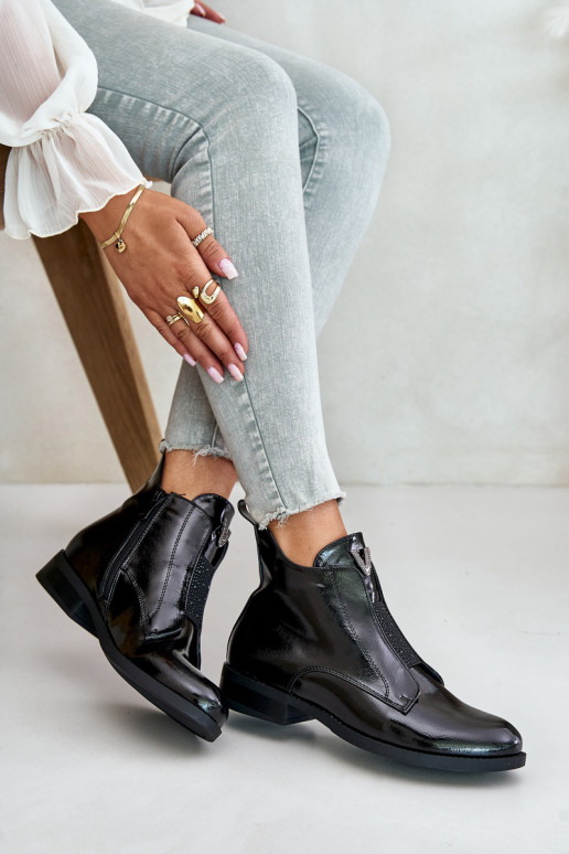 con efecto barniz zapatos de tacón bajo para mujer con tacones anchos calentamiento de color negro S.Barski HY42-120 de color ne