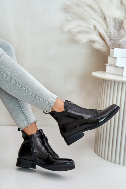 con efecto barniz zapatos de tacón bajo para mujer con tacones anchos calentamiento de color negro S.Barski HY42-120 de color ne