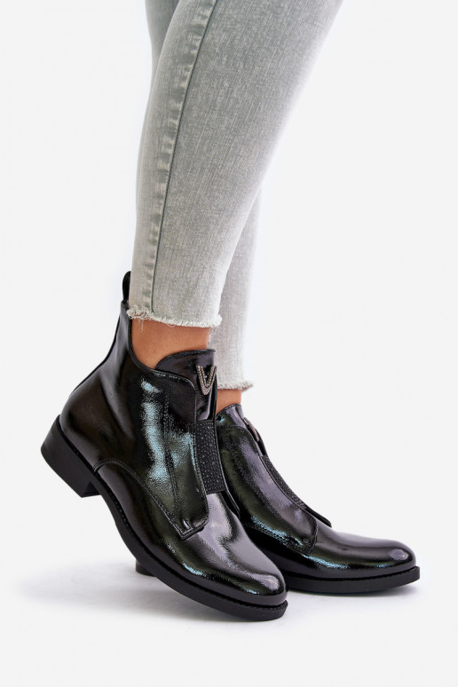 con efecto barniz zapatos de tacón bajo para mujer con tacones anchos calentamiento de color negro S.Barski HY42-120 de color ne