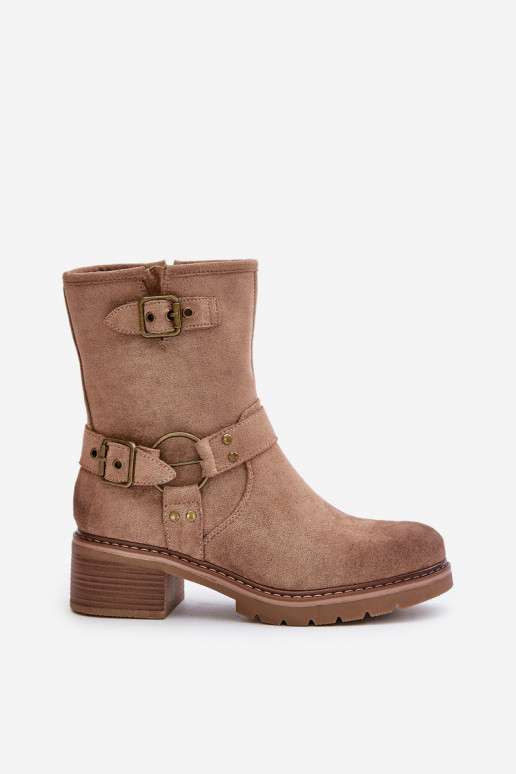 Botas de mujer En un tacón bajo con hebillas beige Zudra Botas de mujer En un tacón bajo con hebillas beige Zudra