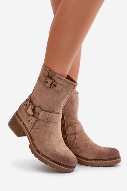 Botas de mujer En un tacón bajo con hebillas beige Zudra Botas de mujer En un tacón bajo con hebillas beige Zudra