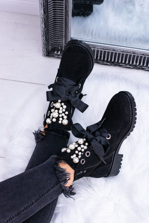 de gamuza calentamiento Botas con perlas artificiales y cinta de color negro Perla de gamuza calentamiento Botas con perlas artificiales y cinta de color negro Perla