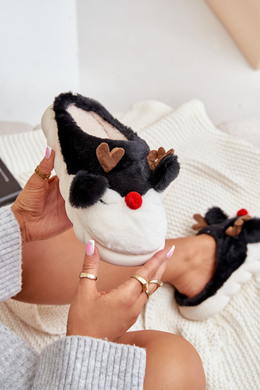 con un abrigo de piel Zapatillas Femenino con un tema Reno de color negro ENistira con un abrigo de piel Zapatillas Femenino con un tema Reno de color negro ENistira