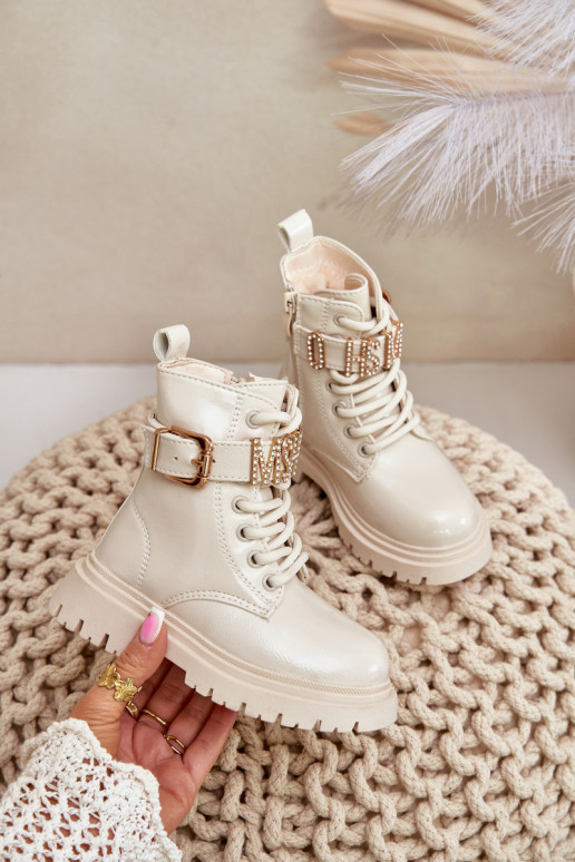 Botas Infantil con efecto barniz calentamiento con tacones decorados beige Gilian Botas Infantil con efecto barniz calentamiento con tacones decorados beige Gilian