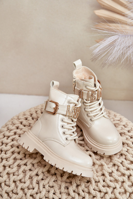 Botas Infantil con efecto barniz calentamiento con tacones decorados beige Gilian Botas Infantil con efecto barniz calentamiento con tacones decorados beige Gilian