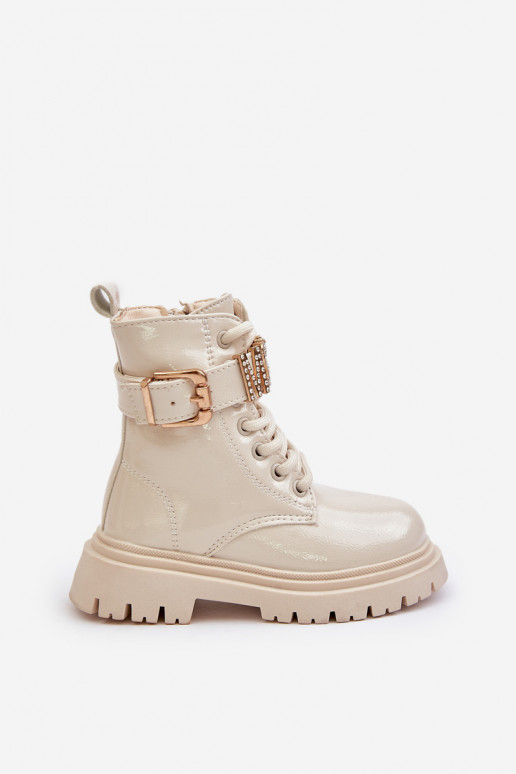 Botas Infantil con efecto barniz calentamiento con tacones decorados beige Gilian Botas Infantil con efecto barniz calentamiento con tacones decorados beige Gilian