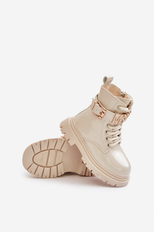 Botas Infantil con efecto barniz calentamiento con tacones decorados beige Gilian Botas Infantil con efecto barniz calentamiento con tacones decorados beige Gilian