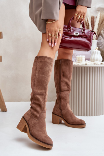 Botas altas con tacón forradas de ecopiel color marrón Leamirael