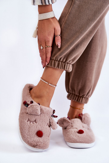 Pantuflas de mujer Christmas con pelo y renos de color arena Clarie