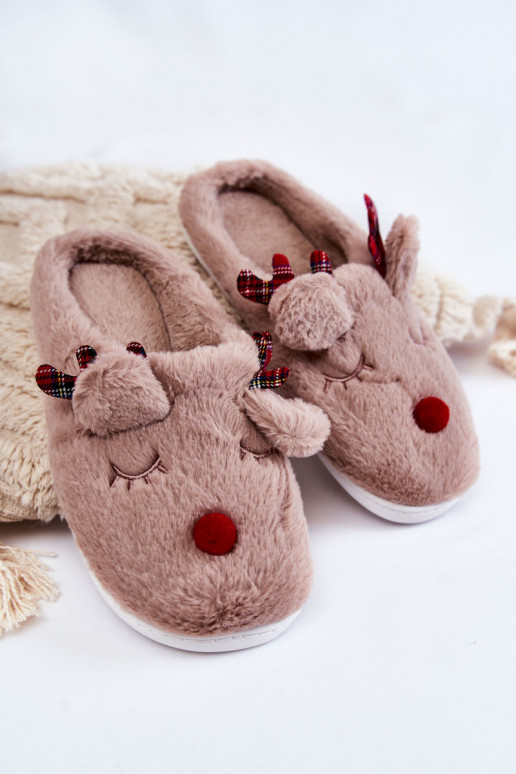 Pantuflas de mujer Christmas con pelo y renos de color arena Clarie