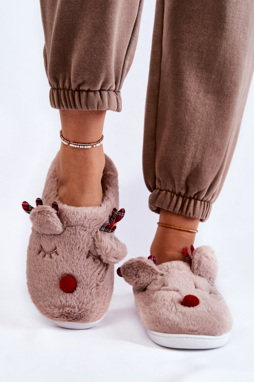 Pantuflas de mujer Christmas con pelo y renos de color arena Clarie
