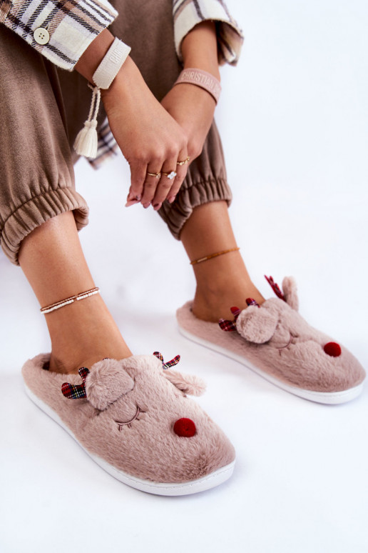 Pantuflas de mujer Christmas con pelo y renos de color arena Clarie