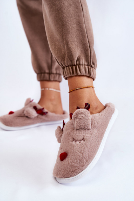 Pantuflas de mujer Christmas con pelo y renos de color arena Clarie