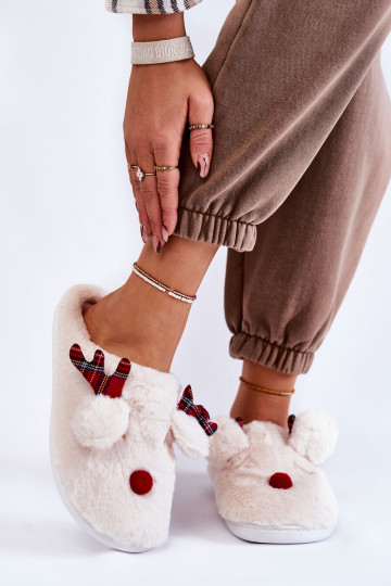 Pantuflas de mujer Christmas con pelo y renos de color crema Clarie