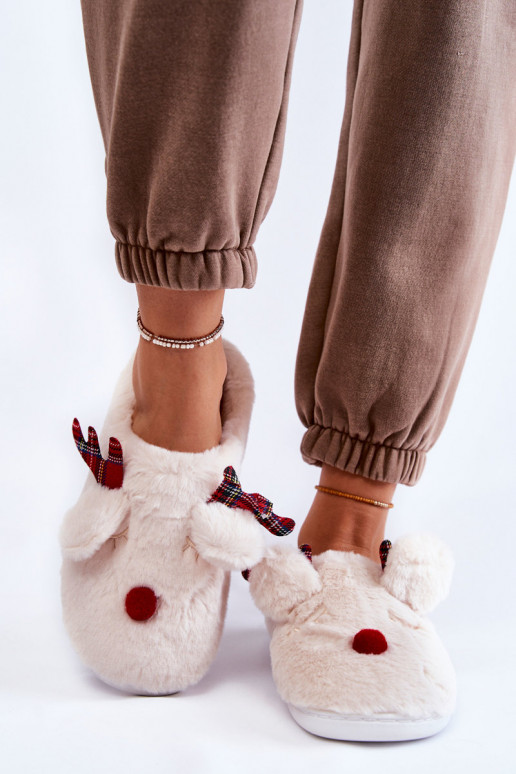 Pantuflas de mujer Christmas con pelo y renos de color crema Clarie