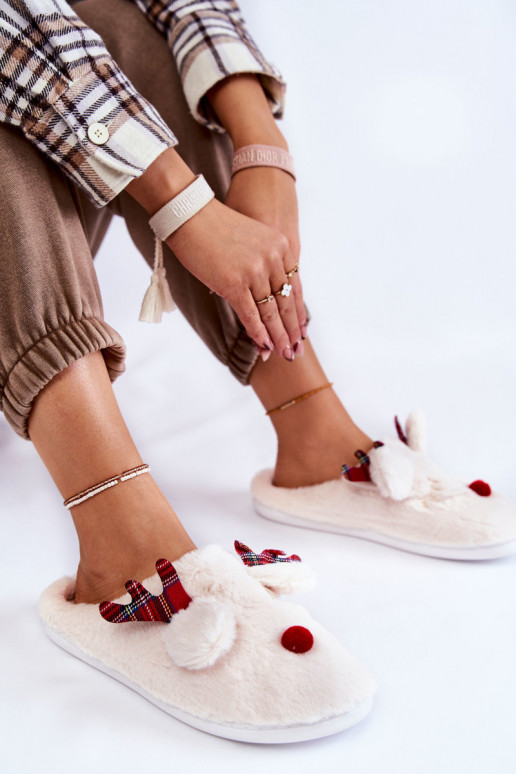 Pantuflas de mujer Christmas con pelo y renos de color crema Clarie