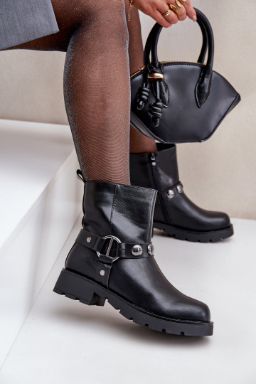 Botas con tacones anchos calentamiento con correas de color negro Felilania