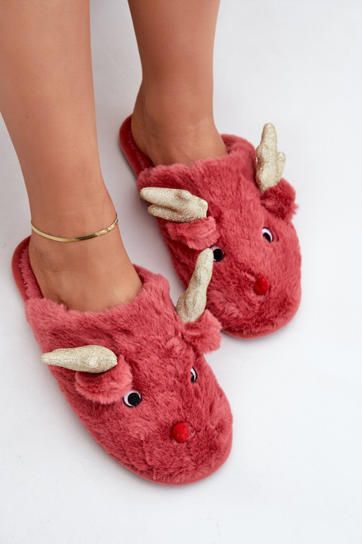 Pantuflas navideñas con tema de renos en color coral Asielle