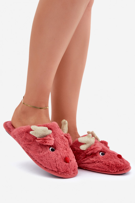 Pantuflas navideñas con tema de renos en color coral Asielle
