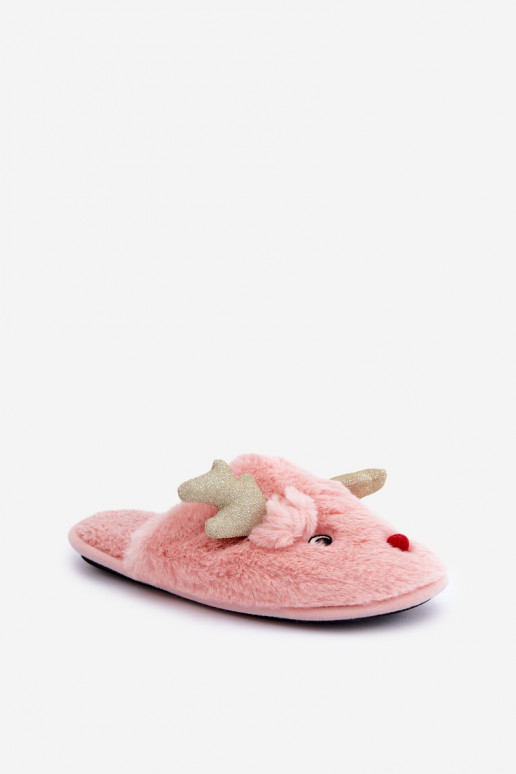 Pantuflas navideñas con tema de renos y forro de piel en color rosa Asielle
