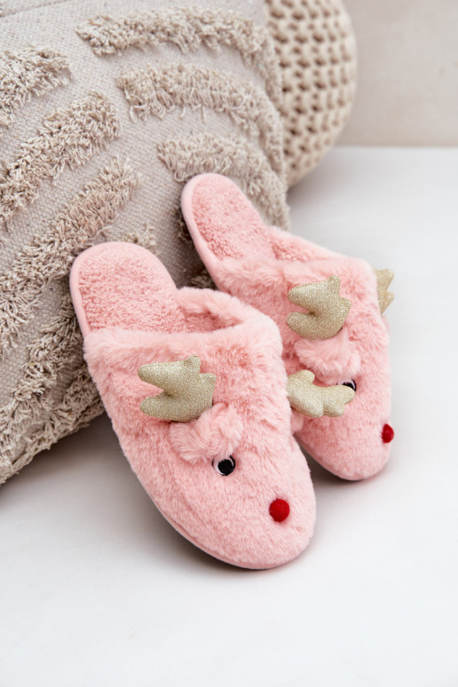 Pantuflas navideñas con tema de renos y forro de piel en color rosa Asielle