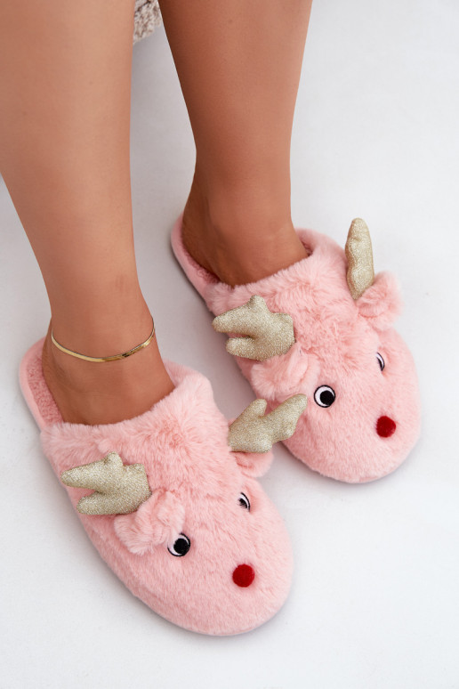 Pantuflas navideñas con tema de renos y forro de piel en color rosa Asielle