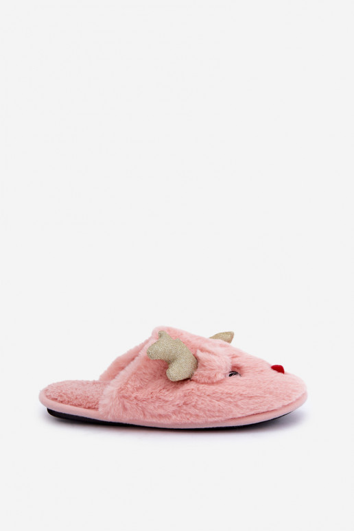 Pantuflas navideñas con tema de renos y forro de piel en color rosa Asielle