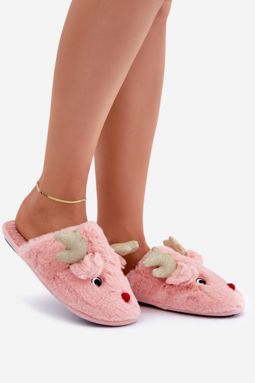Pantuflas navideñas con tema de renos y forro de piel en color rosa Asielle