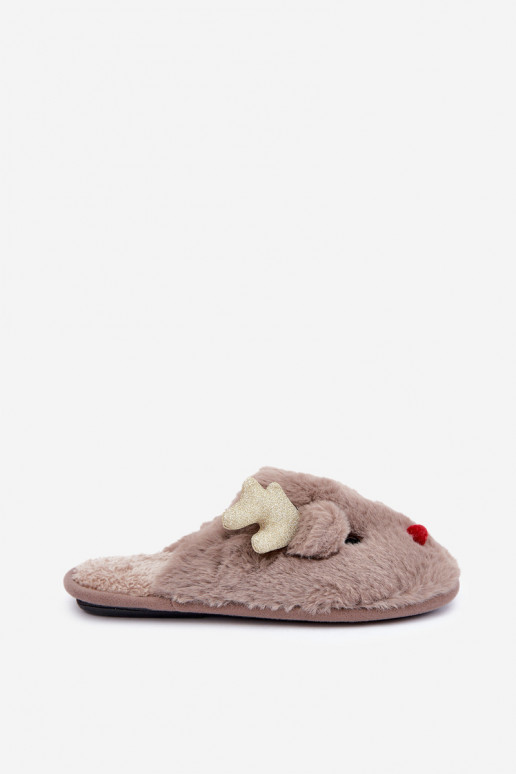 Pantuflas navideñas con tema de renos y forro de piel en color arena Asielle