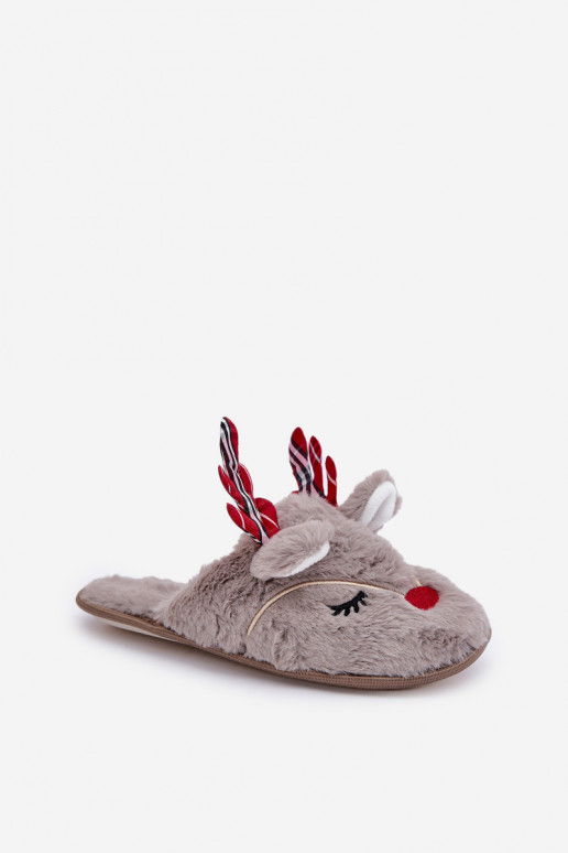 Pantuflas navideñas con tema de renos en color arena Sylaia