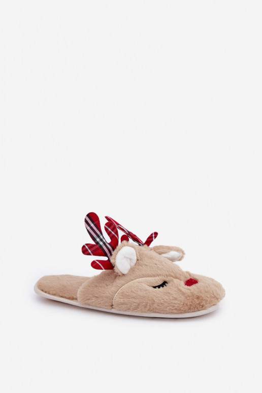 Pantuflas navideñas con tema de renos en color arena Sylaia
