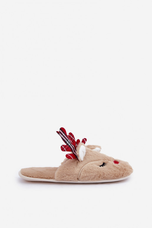 Pantuflas navideñas con tema de renos en color arena Sylaia