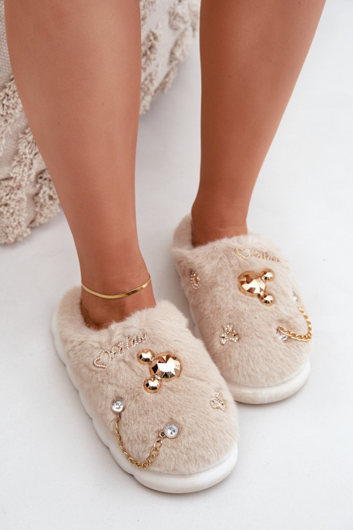 Pantuflas con forro de piel y lazos en color arena Ivelfedi