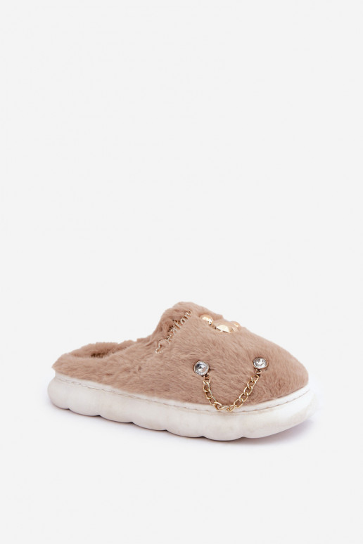 Pantuflas con forro de piel y lazos en color arena Ivelfedi