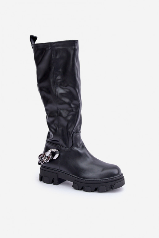 Botas largas con tacones anchos y cadenas en color negro Įjungtauricette