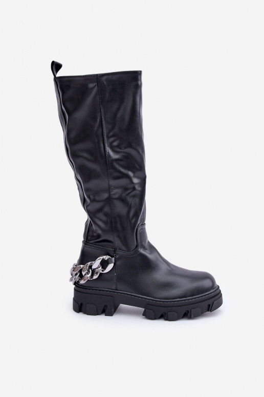 Botas largas con tacones anchos y cadenas en color negro Įjungtauricette