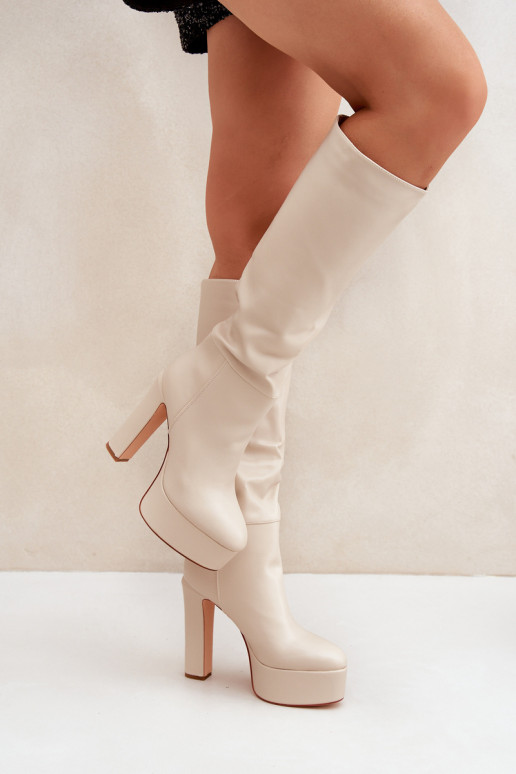 botas de caña larga con tacones y plataforma de eco cuero color marfil Felilorn