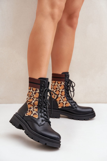 botines de trabajo Femenino con plantilla tipo calcetín con estampados de piel de leopardo de color negro Penthis 2